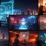 An abstract neural network glowing over a video game landscape, representing artificial intelligence's role in gaming.