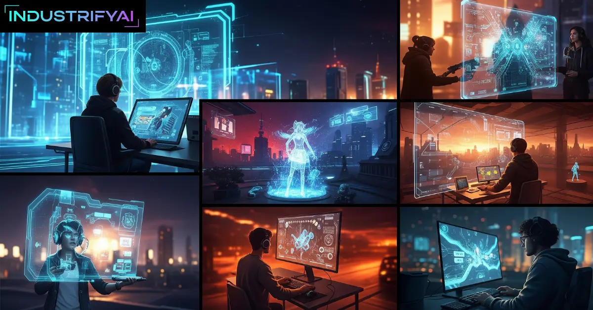 An abstract neural network glowing over a video game landscape, representing artificial intelligence's role in gaming.